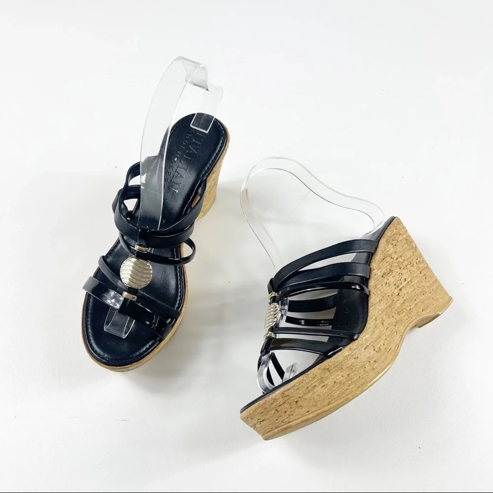 Italian Shoemakers Black Leather Strappy Cork Wedge Sandals